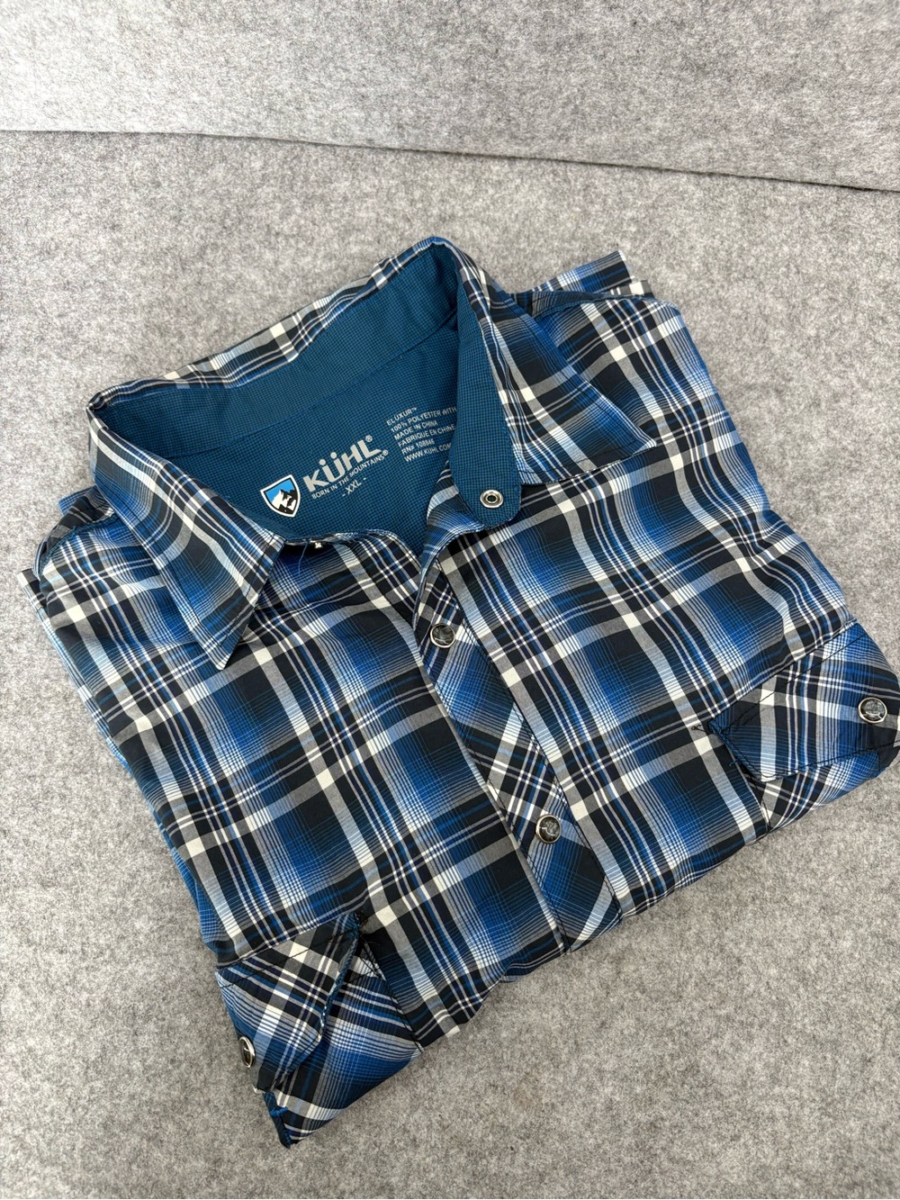 Kuhl Eluxur Lonik Plaid short sleeve pearl snap button down shirt blue white XXL